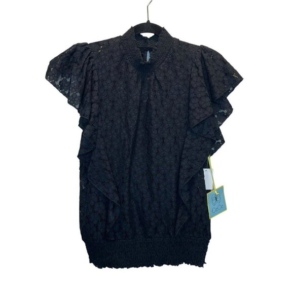 Cece Black Floral Short Flutter Sleeve Blouse Medium New - Picture 1 of 7